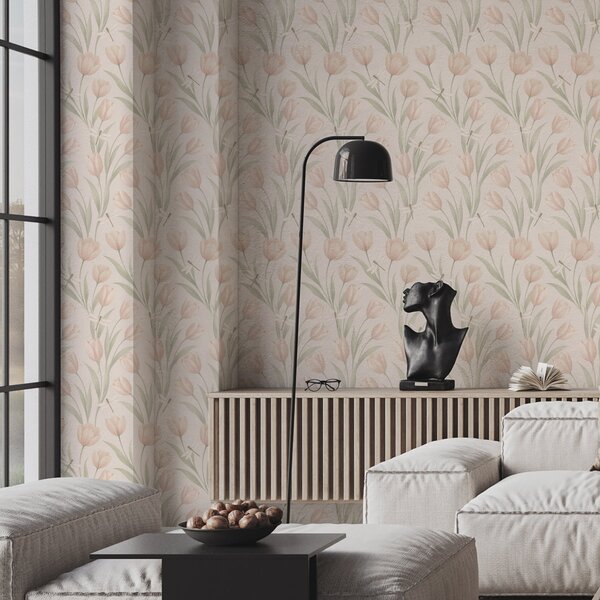 Tapet Lalele pastelate cu libelule pe fond roz, Tapet flori, a00876 : Uwalls.ro