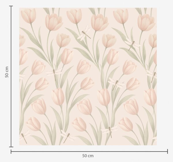 Tapet Lalele pastelate cu libelule pe fond roz, Tapet flori, a00876 : Uwalls.ro