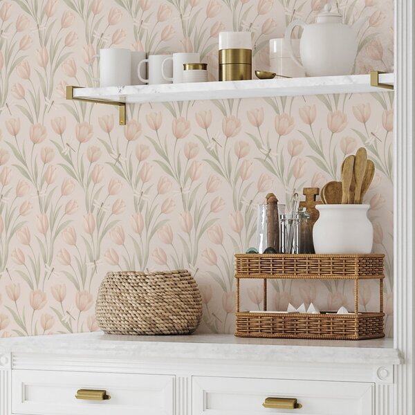 Tapet Lalele pastelate cu libelule pe fond roz, Tapet flori, a00876 : Uwalls.ro