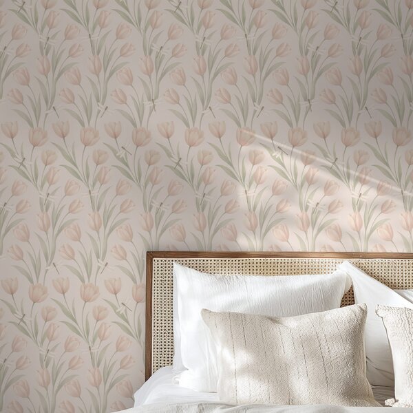 Tapet Lalele pastelate cu libelule pe fond roz, Tapet flori, a00876 : Uwalls.ro