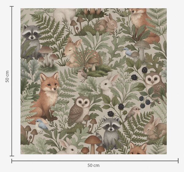 Tapet Animale din pădure, ferigi și ciuperci pe fond bej deschis, Tapet pădure, a00880v1 : Uwalls.ro