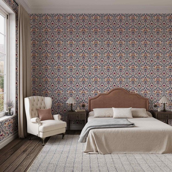 Tapet Damasc floral cu fluturi pe fundal moale de culoarea piersicii, Tapet flori, a00926 : Uwalls.ro