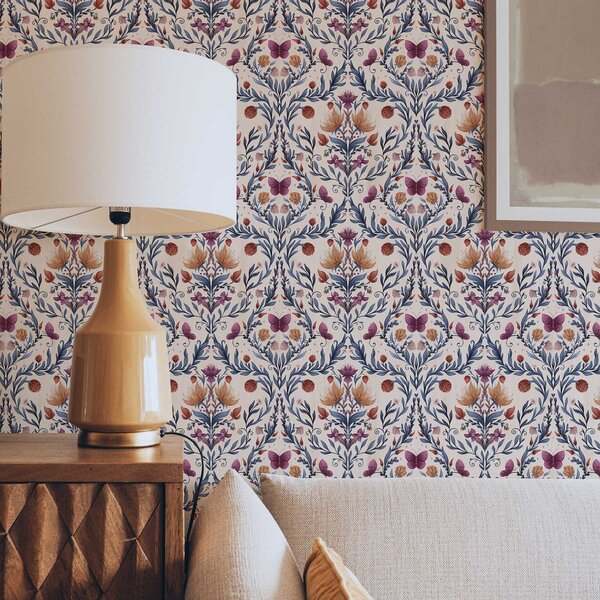 Tapet Damasc floral cu fluturi pe fundal moale de culoarea piersicii, Tapet flori, a00926 : Uwalls.ro