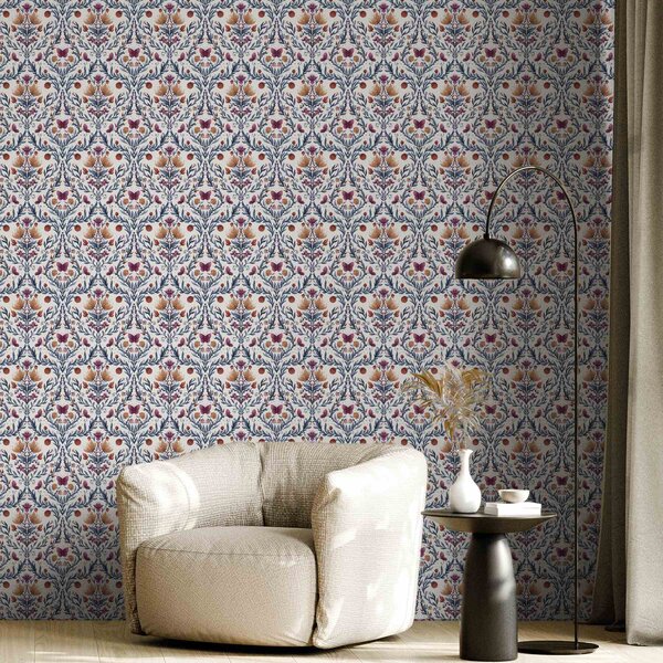 Tapet Damasc floral cu fluturi pe fond crem cald, Tapet flori, a00926v2 : Uwalls.ro