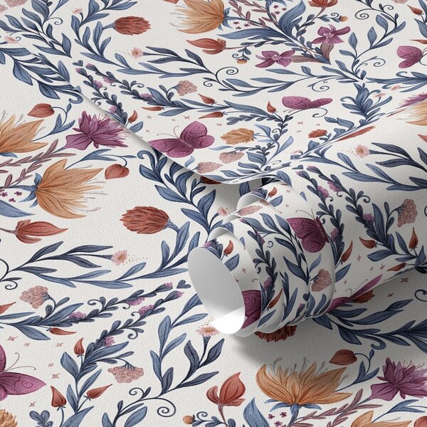 Tapet Damasc floral cu fluturi pe fond crem cald, Tapet flori, a00926v2 : Uwalls.ro