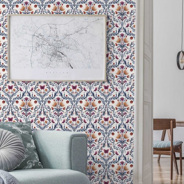 Tapet Damasc floral cu fluturi pe fond crem cald, Tapet flori, a00926v2 : Uwalls.ro