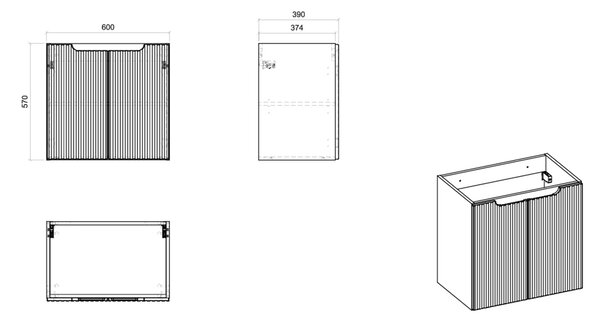 Comad Nova Black dulap 60x39x57 cm sub chiuveta pe perete negru NOVA BLACK D2 82-60-2D