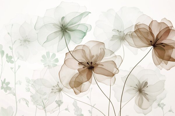 Tapet Flori translucide cu petale maro și verzi, tulpini lungi, fundal deschis, culori delicate, design floral, Fototapet Flori, w09529 : Uwalls.ro