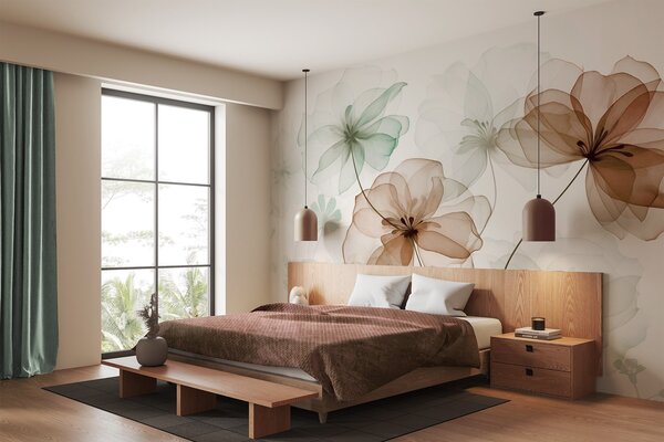 Tapet Flori translucide cu petale maro și verzi, tulpini lungi, fundal deschis, culori delicate, design floral, Fototapet Flori, w09529 : Uwalls.ro