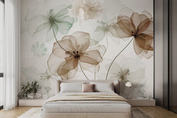 Tapet Flori translucide cu petale maro și verzi, tulpini lungi, fundal deschis, culori delicate, design floral, Fototapet Flori, w09529 : Uwalls.ro