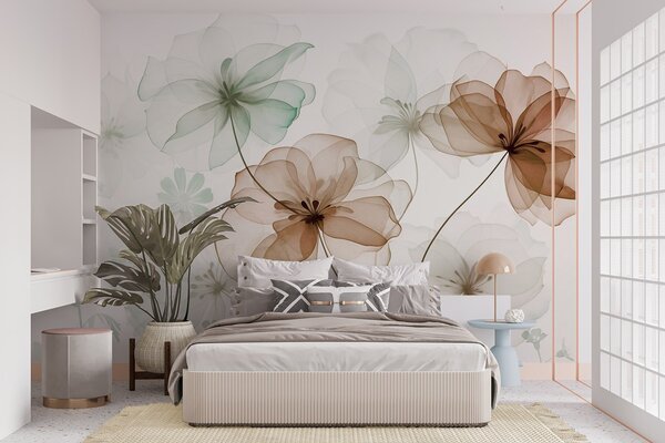 Tapet Flori translucide cu petale maro și verzi, tulpini lungi, fundal deschis, culori delicate, design floral, Fototapet Flori, w09529 : Uwalls.ro