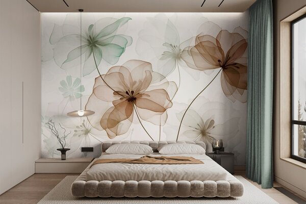 Tapet Flori translucide cu petale maro și verzi, tulpini lungi, fundal deschis, culori delicate, design floral, Fototapet Flori, w09529 : Uwalls.ro