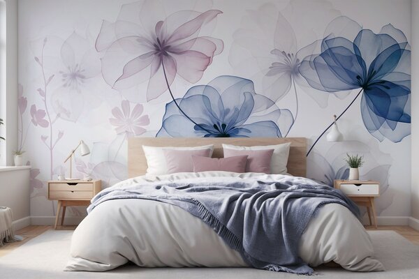 Tapet Flori translucide cu petale albastre și roz discrete, tulpini lungi, fundal deschis, culori delicate,, Fototapet Flori, w09529v1 : Uwalls.ro