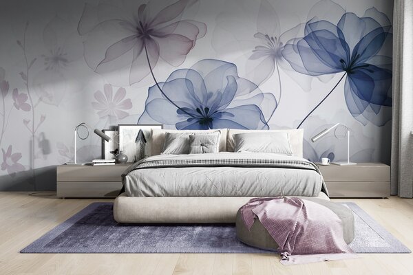 Tapet Flori translucide cu petale albastre și roz discrete, tulpini lungi, fundal deschis, culori delicate,, Fototapet Flori, w09529v1 : Uwalls.ro