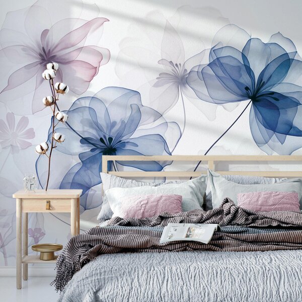 Tapet Flori translucide cu petale albastre și roz discrete, tulpini lungi, fundal deschis, culori delicate,, Fototapet Flori, w09529v1 : Uwalls.ro
