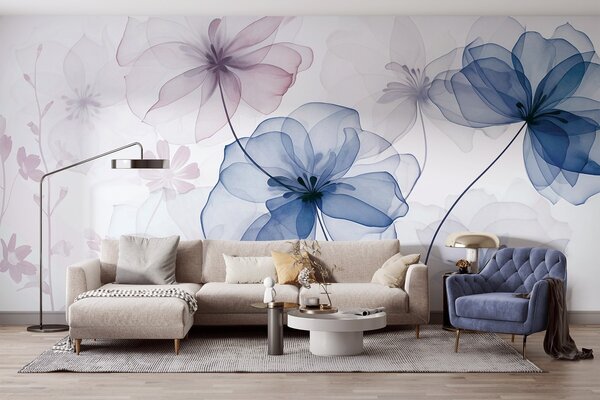 Tapet Flori translucide cu petale albastre și roz discrete, tulpini lungi, fundal deschis, culori delicate,, Fototapet Flori, w09529v1 : Uwalls.ro
