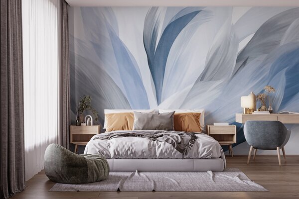 Tapet Pene abstracte texturate în albastru, alb și gri și diverse nuanțe, suprapuse pe un fundal alb, Fototapet Abstract, w09531v1 : Uwalls.ro