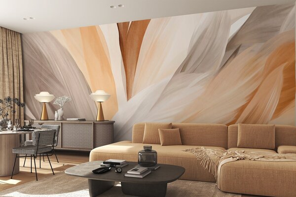 Tapet Pene abstracte texturate în maro, alb și gri și diverse nuanțe, suprapuse pe un fundal alb, Fototapet Abstract, w09531 : Uwalls.ro