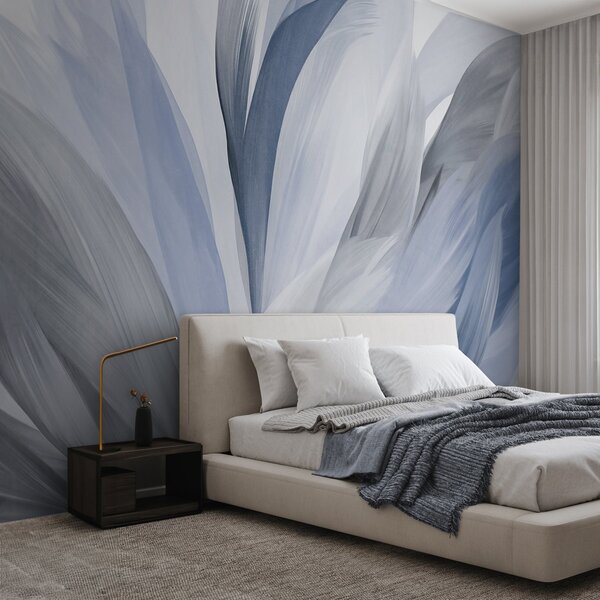 Tapet Pene abstracte texturate în albastru, alb și gri și diverse nuanțe, suprapuse pe un fundal alb, Fototapet Abstract, w09531v1 : Uwalls.ro