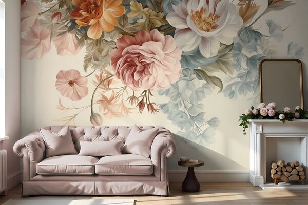 Tapet Aranjament floral vintage cu trandafiri, bujori și alte flori texturate cu frunziș, pe un fundal deschis, Fototapet Flori, w09532 : Uwalls.ro
