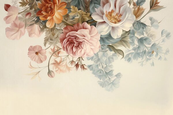 Tapet Aranjament floral vintage cu trandafiri, bujori și alte flori texturate cu frunziș, pe un fundal deschis, Fototapet Flori, w09532 : Uwalls.ro
