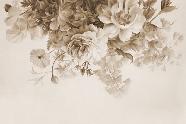 Tapet Aranjament floral vintage cu trandafiri, bujori și alte flori texturate cu frunziș, pe un fundal deschis, Fototapet Flori, w09532v1 : Uwalls.ro