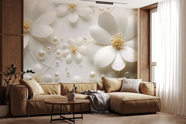 Tapet Flori albe cu perle împrăștiate pe un fundal alb, design elegant și minimalist, texturat, Fototapet Flori, w09535 : Uwalls.ro