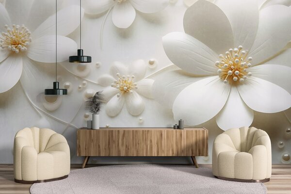 Tapet Flori albe cu perle împrăștiate pe un fundal alb, design elegant și minimalist, texturat, Fototapet Flori, w09535 : Uwalls.ro