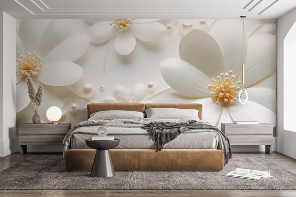 Tapet Flori albe cu perle împrăștiate pe un fundal alb, design elegant și minimalist, texturat, Fototapet Flori, w09535 : Uwalls.ro