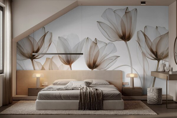 Tapet Flori de lalea translucide, maro și albe, cu tulpini lungi, pe fundal deschis, artă florală delicată și, Fototapet Flori, w09538v1 : Uwalls.ro