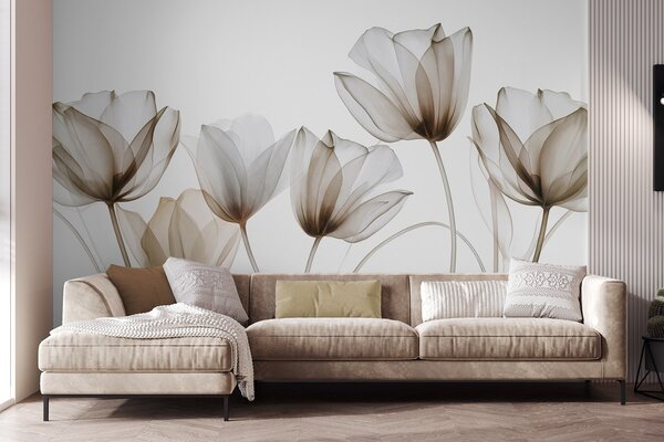 Tapet Flori de lalea translucide, maro și albe, cu tulpini lungi, pe fundal deschis, artă florală delicată și, Fototapet Flori, w09538v1 : Uwalls.ro