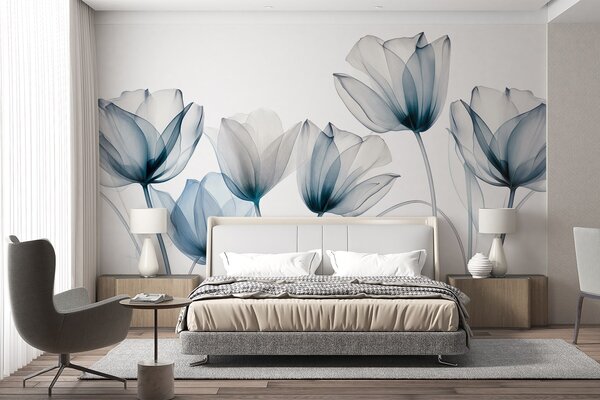 Tapet Flori de lalea albastre și albe translucide, cu tulpini lungi, pe fundal deschis, artă florală delicată și, Fototapet Flori, w09538 : Uwalls.ro