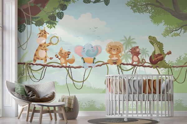 Tapet Animale cu instrumente muzicale pe fundalul unui peisaj tropical, Fototapet Pentru Copii, w04505 : Uwalls.ro