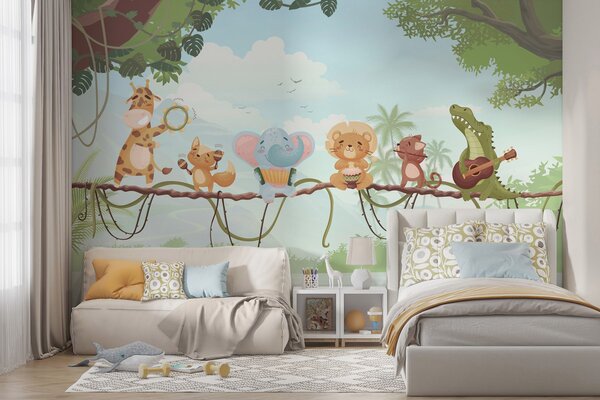 Tapet Animale cu instrumente muzicale pe fundalul unui peisaj tropical, Fototapet Pentru Copii, w04505 : Uwalls.ro