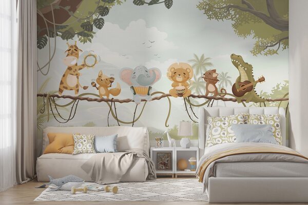 Tapet Animale cu instrumente muzicale pe fundalul unui peisaj tropical, Fototapet Pentru Copii, w04505v1 : Uwalls.ro