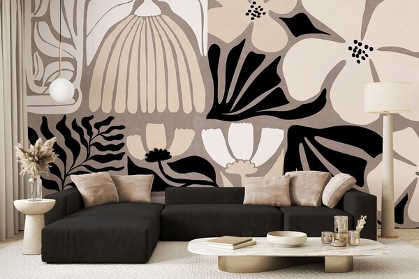 Tapet Flori și frunze stilizate în stil minimalist modern, în culori bej, negru și alb, texturate pe un fundal, Fototapet Flori, w09547 : Uwalls.ro
