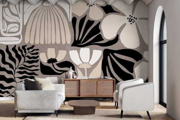 Tapet Flori și frunze stilizate în stil minimalist modern, în culori bej, negru și alb, texturate pe un fundal, Fototapet Flori, w09547 : Uwalls.ro