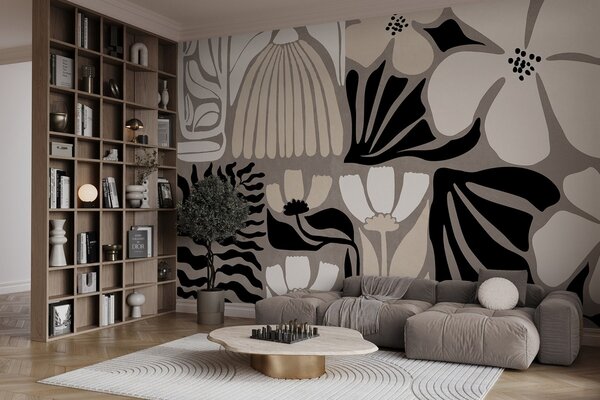 Tapet Flori și frunze stilizate în stil minimalist modern, în culori bej, negru și alb, texturate pe un fundal, Fototapet Flori, w09547 : Uwalls.ro