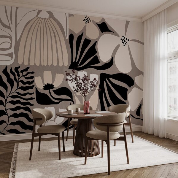 Tapet Flori și frunze stilizate în stil minimalist modern, în culori bej, negru și alb, texturate pe un fundal, Fototapet Flori, w09547 : Uwalls.ro