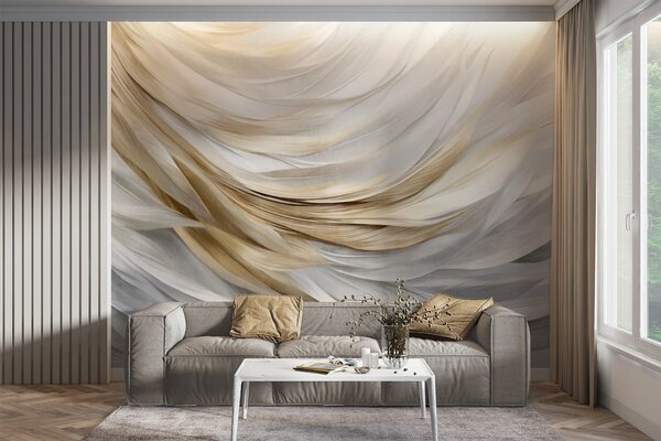 Tapet Pene abstracte texturate, albe, gri și galbene, creând un model fluid, stratificat, pe un fundal deschis, Fototapet Abstract, w09557 : Uwalls.ro