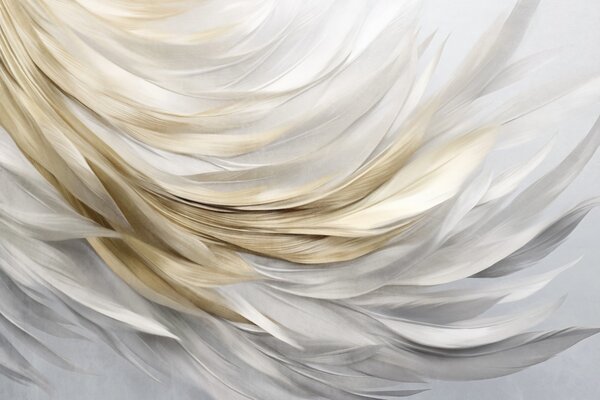 Tapet Pene abstracte texturate, albe, gri și galbene, creând un model fluid, stratificat, pe un fundal deschis, Fototapet Abstract, w09557 : Uwalls.ro