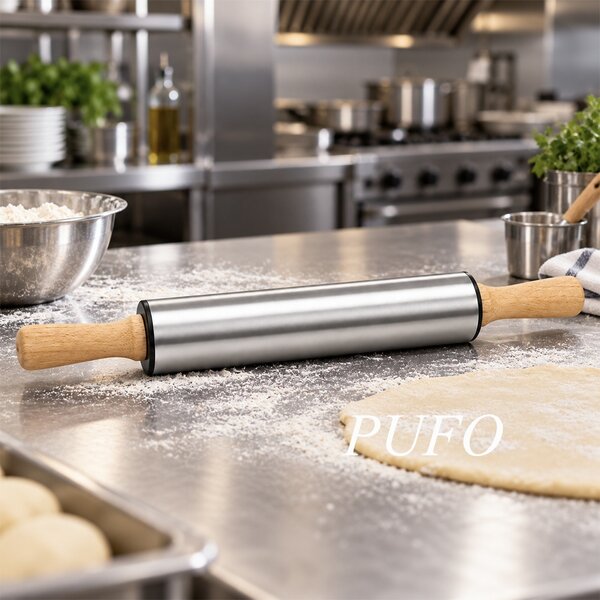 Sucitor pentru aluat Pufo Cookie cu manere din lemn, facalet metalic pentru intins si nivelat aluat, rola de bucatarie pentru prajituri, biscuiti, pizza, placinte, foi de tort, paste si produse de patiserie, 43 cm