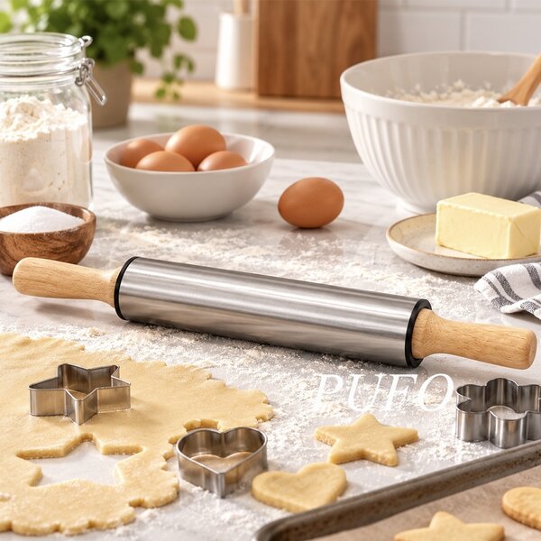 Sucitor pentru aluat Pufo Cookie cu manere din lemn, facalet metalic pentru intins si nivelat aluat, rola de bucatarie pentru prajituri, biscuiti, pizza, placinte, foi de tort, paste si produse de patiserie, 43 cm
