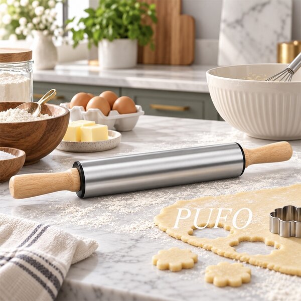 Sucitor pentru aluat Pufo Cookie cu manere din lemn, facalet metalic pentru intins si nivelat aluat, rola de bucatarie pentru prajituri, biscuiti, pizza, placinte, foi de tort, paste si produse de patiserie, 43 cm