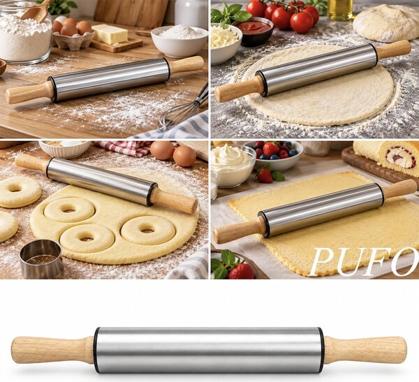 Sucitor pentru aluat Pufo Cookie cu manere din lemn, facalet metalic pentru intins si nivelat aluat, rola de bucatarie pentru prajituri, biscuiti, pizza, placinte, foi de tort, paste si produse de patiserie, 43 cm