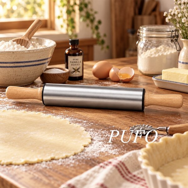 Sucitor pentru aluat Pufo Cookie cu manere din lemn, facalet metalic pentru intins si nivelat aluat, rola de bucatarie pentru prajituri, biscuiti, pizza, placinte, foi de tort, paste si produse de patiserie, 43 cm
