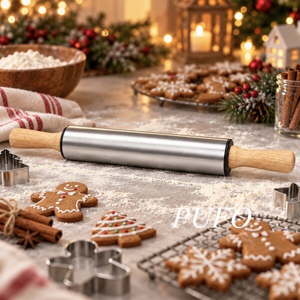 Sucitor pentru aluat Pufo Cookie cu manere din lemn, facalet metalic pentru intins si nivelat aluat, rola de bucatarie pentru prajituri, biscuiti, pizza, placinte, foi de tort, paste si produse de patiserie, 43 cm