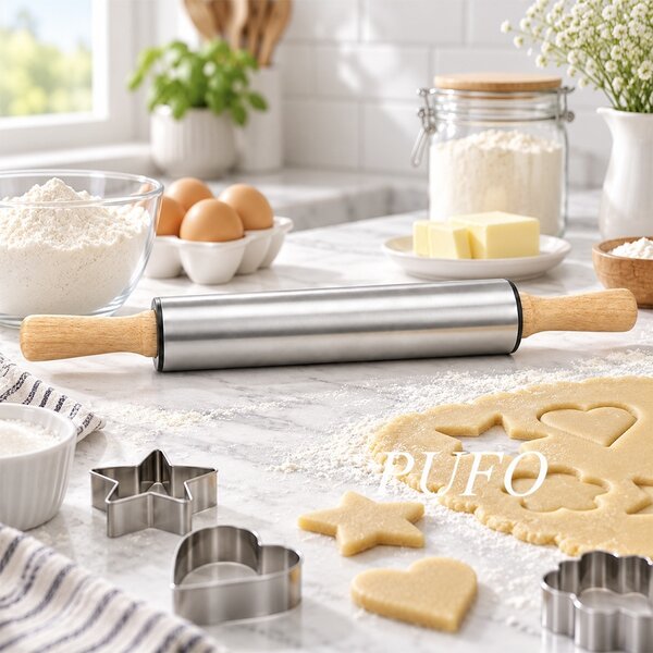Sucitor pentru aluat Pufo Cookie cu manere din lemn, facalet metalic pentru intins si nivelat aluat, rola de bucatarie pentru prajituri, biscuiti, pizza, placinte, foi de tort, paste si produse de patiserie, 43 cm