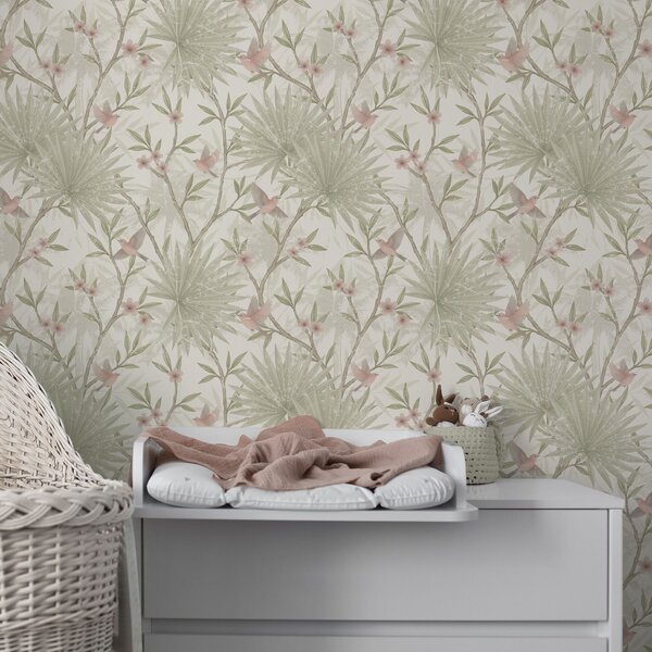 Tapet Păsări delicate de culoare roz printre frunzele de palmier, Tapet animale, Tapet păsări, a00883 : Uwalls.ro