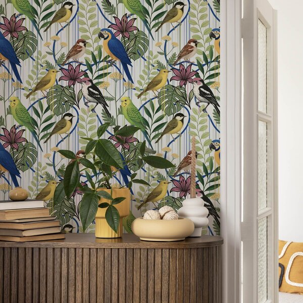 Tapet Păsări exotice strălucitoare printre vegetația tropicală, Tapet animale, Tapet păsări, a00887 : Uwalls.ro